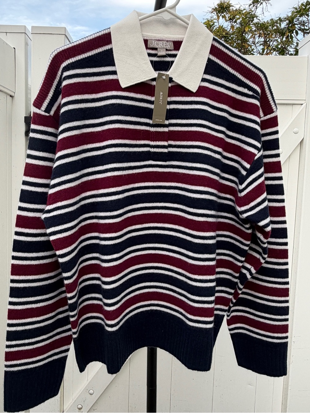J. Crew Women Navy and Burgundy Striped Polo Sweater M
